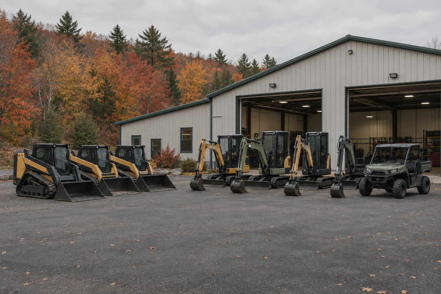 A regional compact equipment dealership branch with loaders and excavators parked out front
