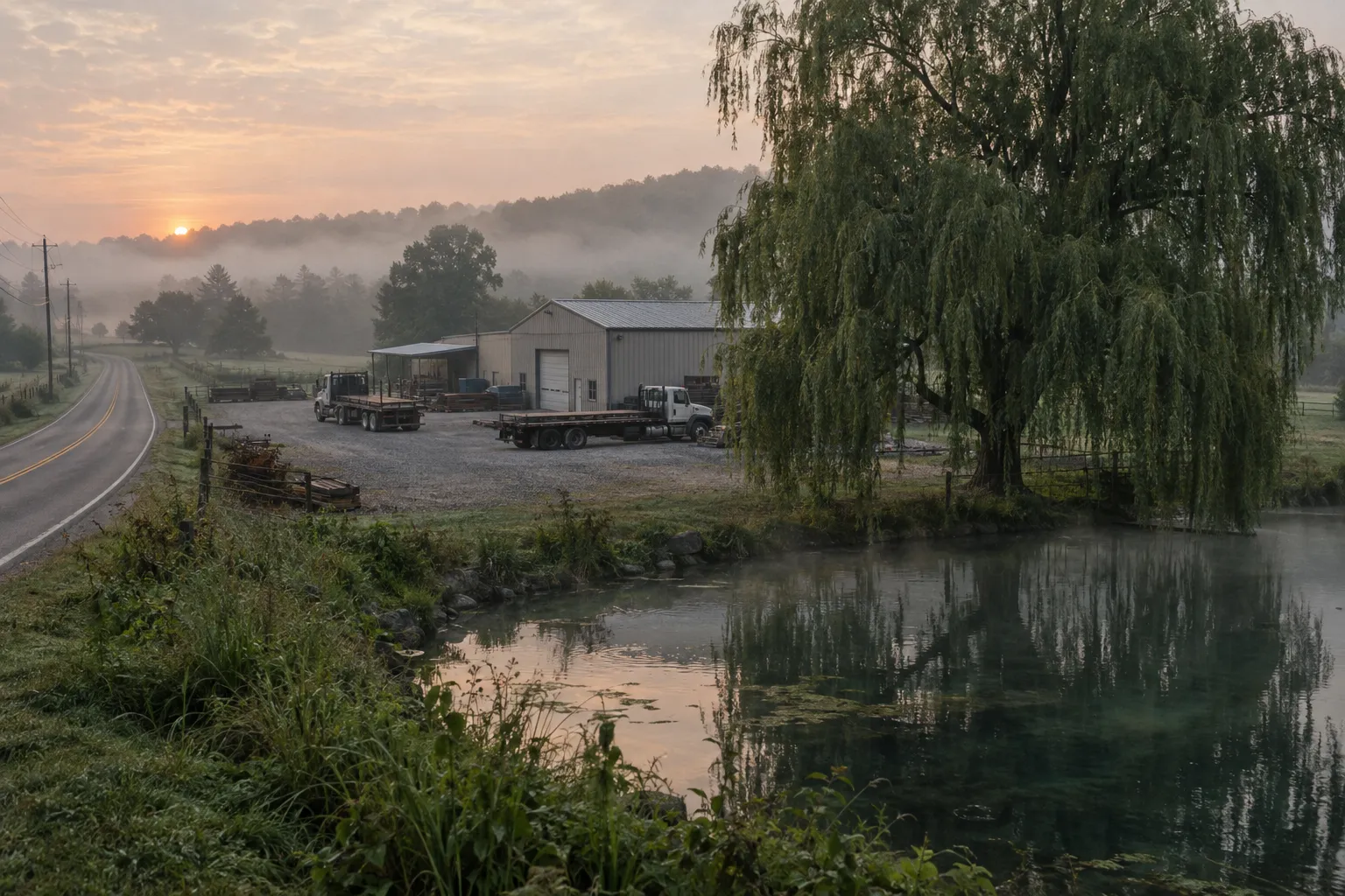 A small industrial business beside a willow tree and a spring-fed pond at dawn
