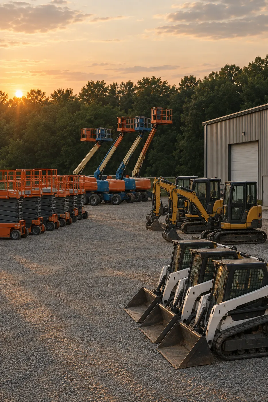 Rows of aerial lifts and compact equipment parked at an equipment rental yard