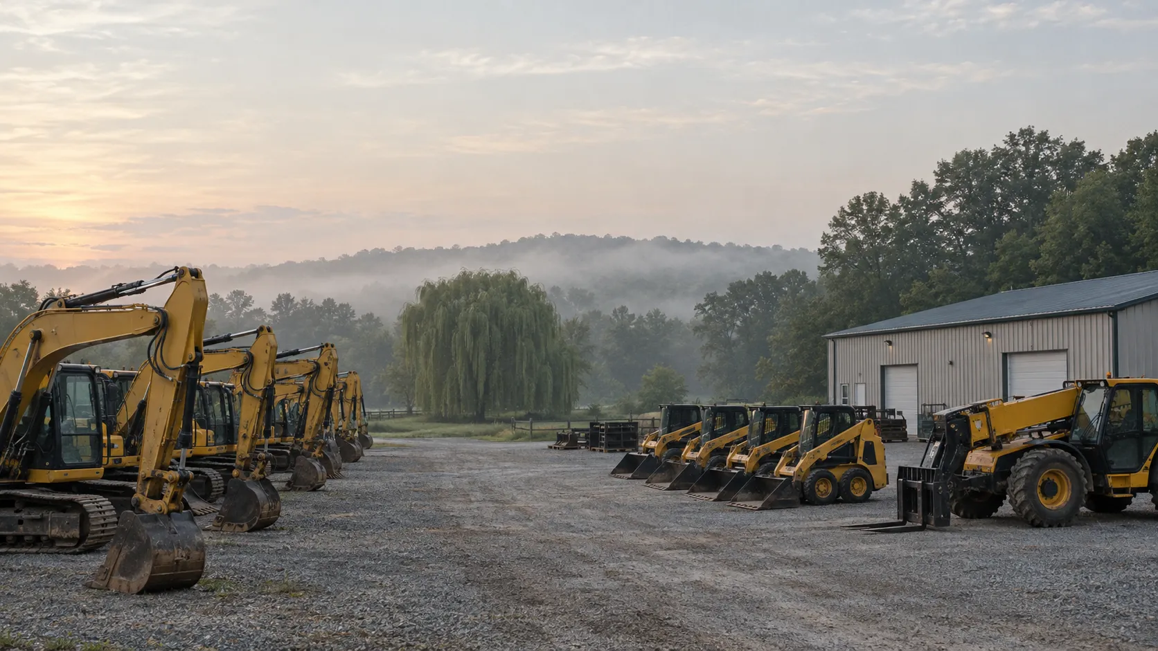 Rows of excavators and loaders parked at a regional equipment rental yard at dawn