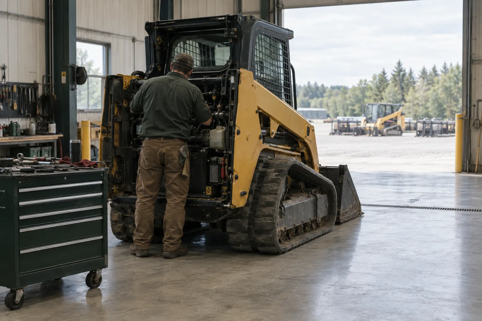 A technician servicing a compact track loader in an equipment dealership service bay