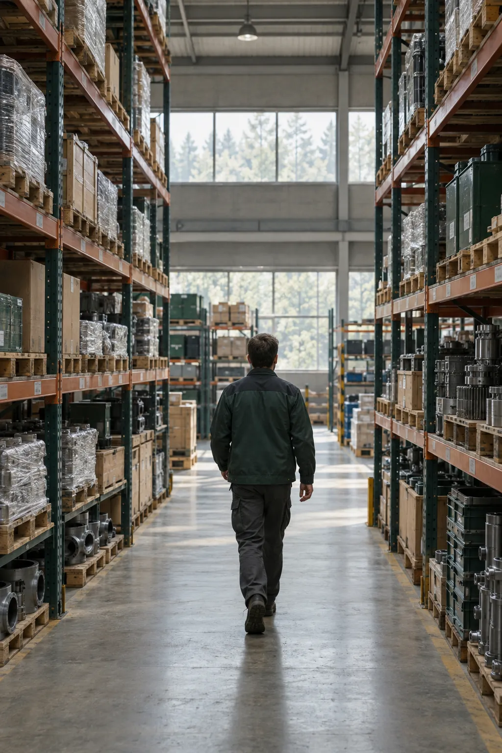 An employee walking an aisle of an organized industrial distribution warehouse